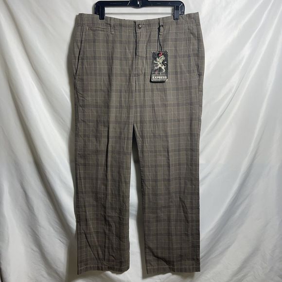 nwt express women's the producer chino size 36x32 5 pocket brown plaid pants - Picture 1 of 16